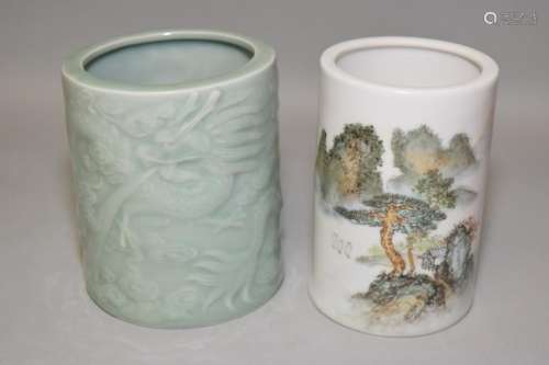 Chinese Famille Rose and Pea Glaze Brush Pots