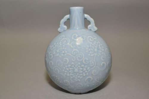 Chinese Sky Blue Glaze Relief Carved Moon Flask