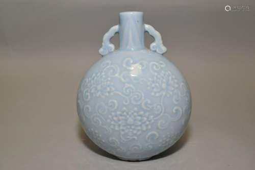 Chinese Sky Blue Glaze Relief Carved Moon Flask