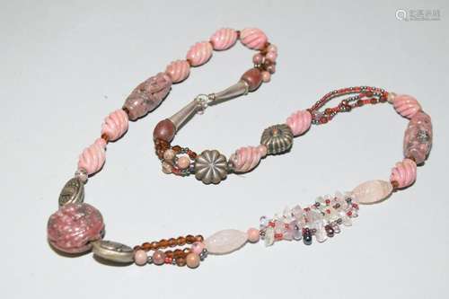 Rhodonite Carved Bead Necklace