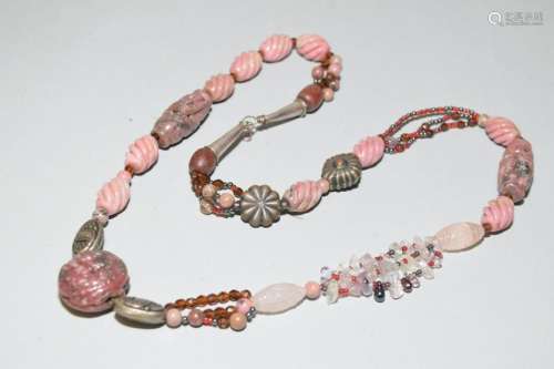 Rhodonite Carved Bead Necklace