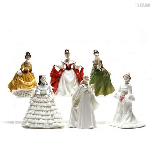 Six Porcelain Figures of Women, Mostly Royal Doulton