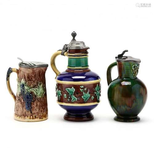 Three Syrup Jugs, Majolica with Metal Hinged Covers