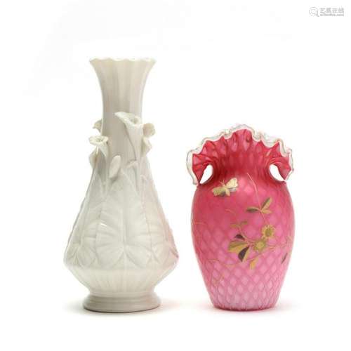 A Belleek Porcelain Vase and a Satin Glass Vase