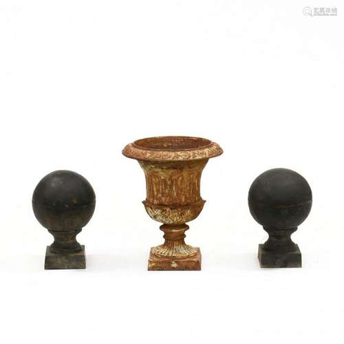 Pair of Cast Iron Garden Finials and Urn