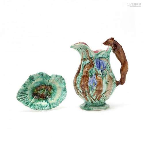 Majolica Hunt Pitcher and Leaf Dish