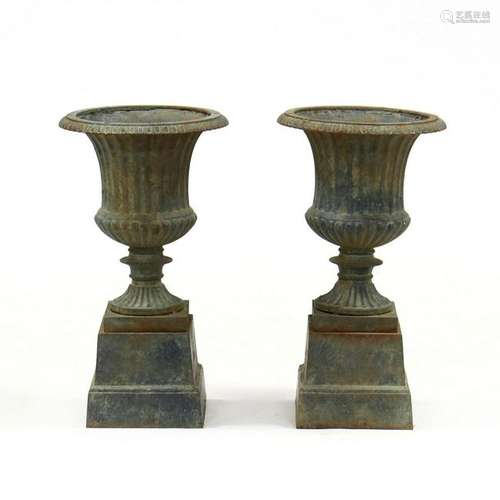 Pair of Classical Style Cast Iron Garden Urns on Stands