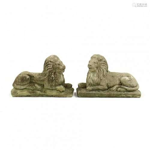 Pair of Vintage Cast Stone Recumbent Lions