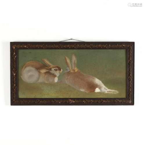 Antique Pastel Painting of Two Rabbits