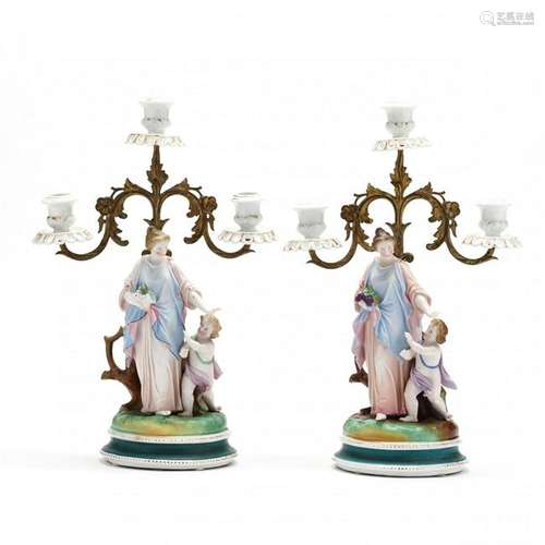 Pair of Porcelain and Brass Figural Girandoles