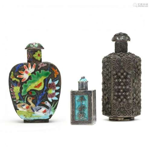 Three Chinese Silver and Metal Snuff Bottles