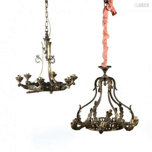 Two Vintage Brass Hanging Light Fixtures