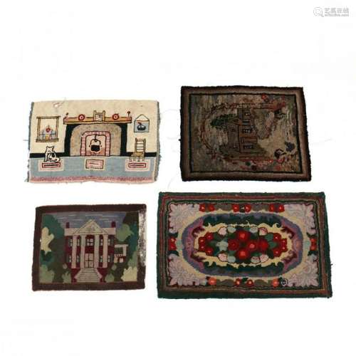 Four Vintage Pictorial Hooked Rugs