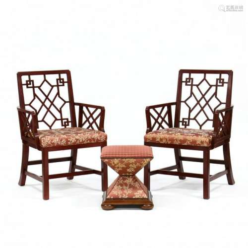 Baker, Pair of Chinese Chippendale Style Armchairs and