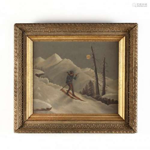 A Folky American School Painting of a Skier at Night