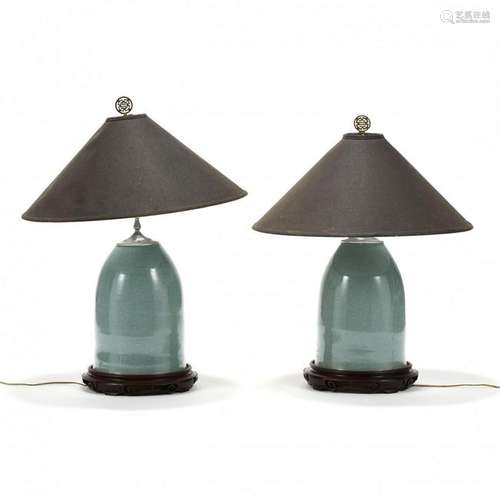 Pair of Large Contemporary Celadon Glazed Table Lamps