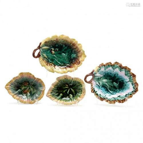 Four Majolica Leaf Form Dishes