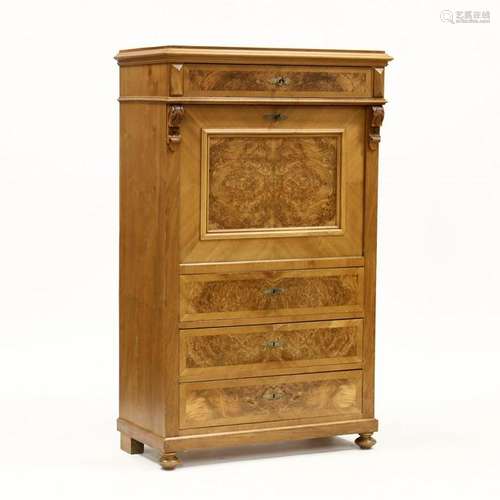 Continental Carved Fruitwood and Walnut Secretaire Ã