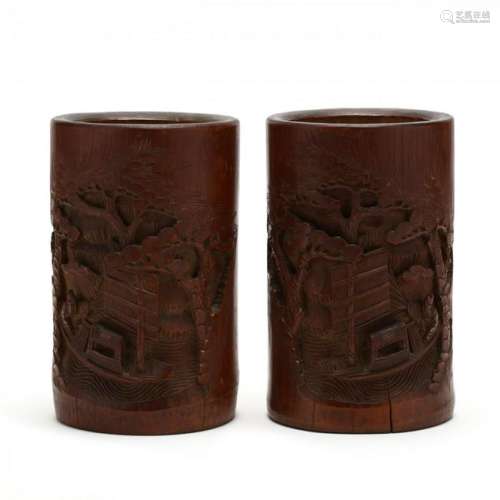 A Mirror Pair of Carved Bamboo Brush Pots