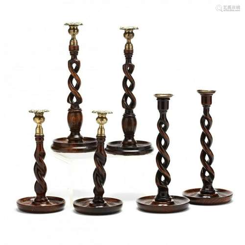 Three Pair of Oak Barley Twist Candlesticks