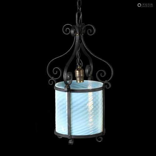 Vintage Iron and Opalescent Glass Pendant Light